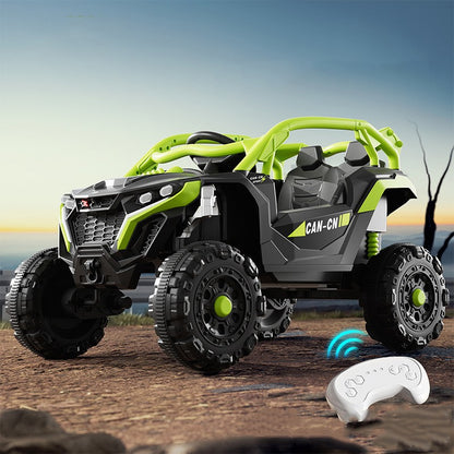 Masina Electrica pentru Copii, Klevo, Tip Buggy/UTV Off-Road Dual Drive, Conectare Bluetooth, Telecomanda, Lumina Intermitenta si Muzica, Baterie 380*2, 6V 7Ah, 97 x 62 x 58 cm, Verde Negru