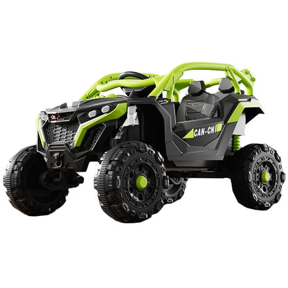 Masina Electrica pentru Copii, Klevo, Tip Buggy/UTV Off-Road Dual Drive, Conectare Bluetooth, Telecomanda, Lumina Intermitenta si Muzica, Baterie 380*2, 6V 7Ah, 97 x 62 x 58 cm, Verde Negru
