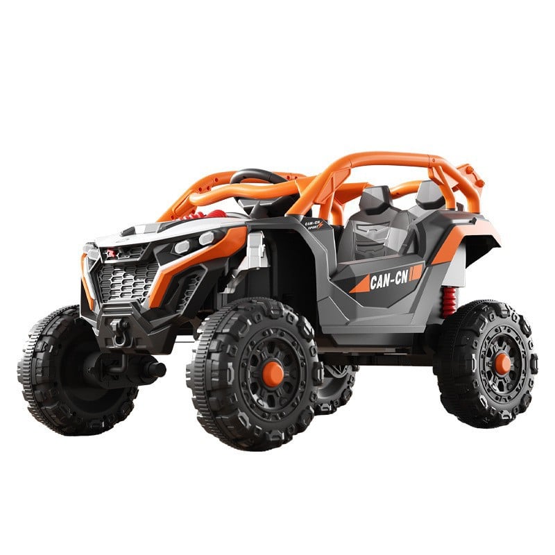 Masina Electrica pentru Copii, Klevo, Tip Buggy/UTV Off-Road Dual Drive, Conectare Bluetooth, Telecomanda, Lumina Intermitenta si Muzica, Baterie 380*2, 6V 7Ah, 97 x 62 x 58 cm, Portocaliu Negru