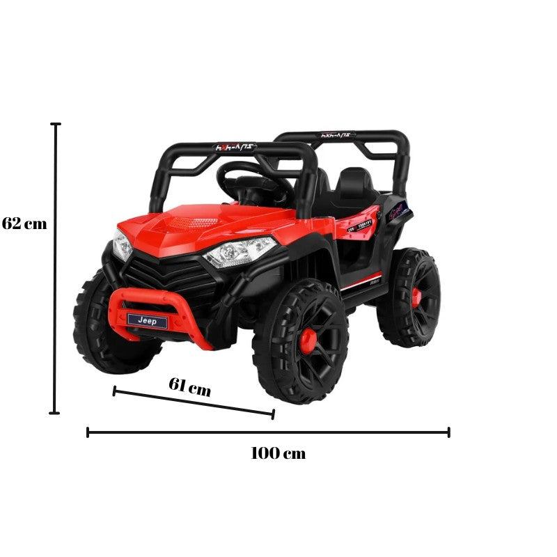 Masinuta Electrica Klevo, pe 4 Roti, Tip Jeep, 2 Usi,cu Acumulator, Sistem Anti-Rasturnare, Sistem de Lumini si Sunet, 2-8 Ani, 100 x 61 x 62 cm, Rosu