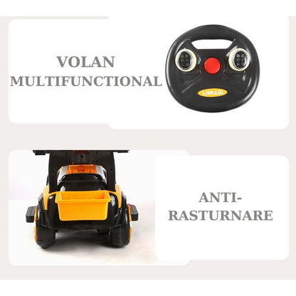Masinuta Electrica Klevo, Tip Excavator, Brat Electric cu Maneta de Control, Spatar si Bare Laterale, Sistem Muzica si Lumini, 2-7 Ani, 72 x 34 x 45 cm, Portocaliu