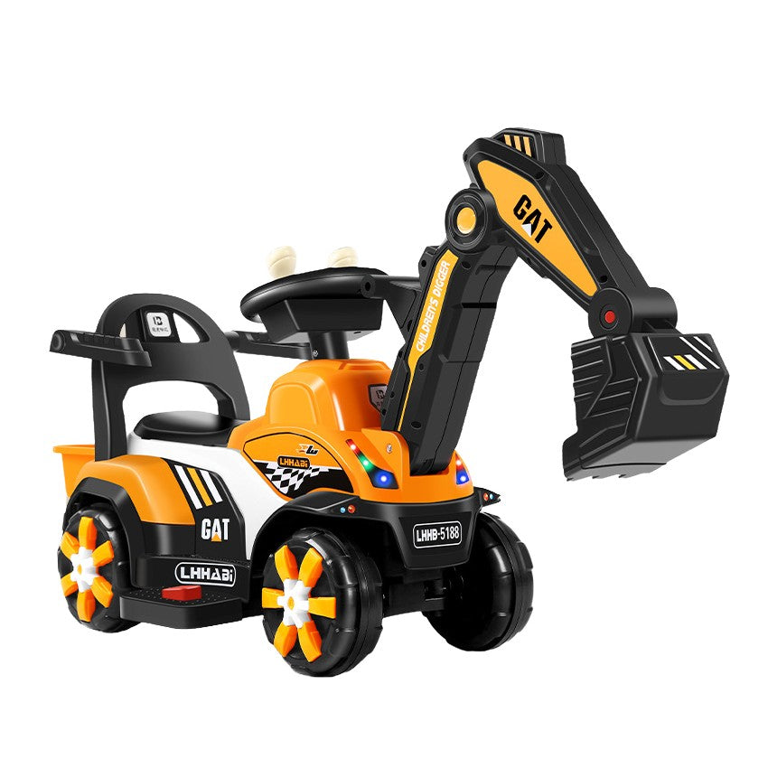 Masinuta Electrica Klevo, Tip Excavator, Brat Electric cu Maneta de Control, Spatar si Bare Laterale, Sistem Muzica si Lumini, 2-7 Ani, 72 x 34 x 45 cm, Portocaliu