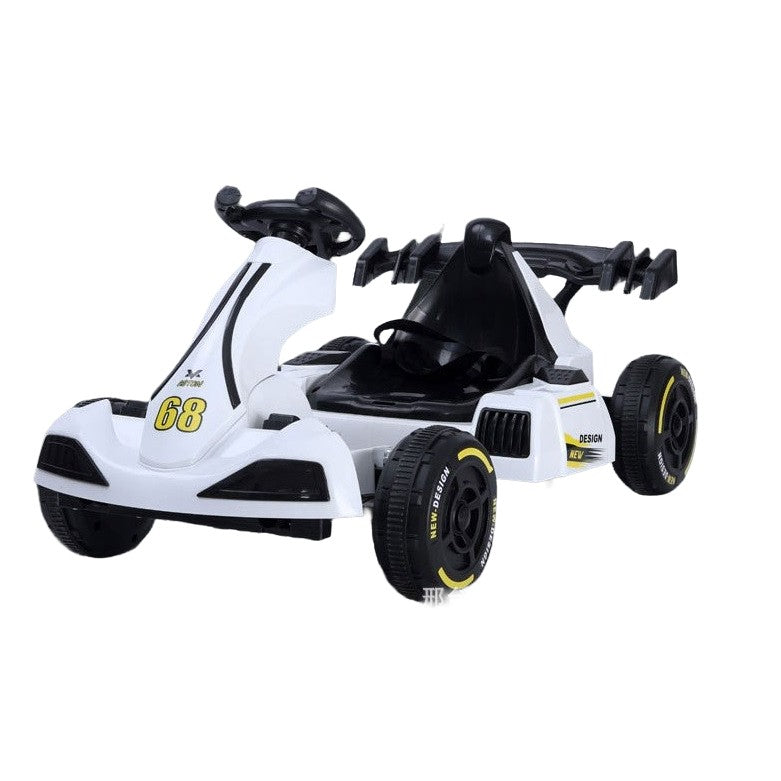 Masinuta Electrica Klevo, Tip Kart, cu Telecomanda, Dimensiune Reglabila, 2 Viteze, Sistem de Lumini si Sunet, Pentru Copii intre 1.2 - 1.6 Inaltime, 105 x 55 x 50 cm, Alb