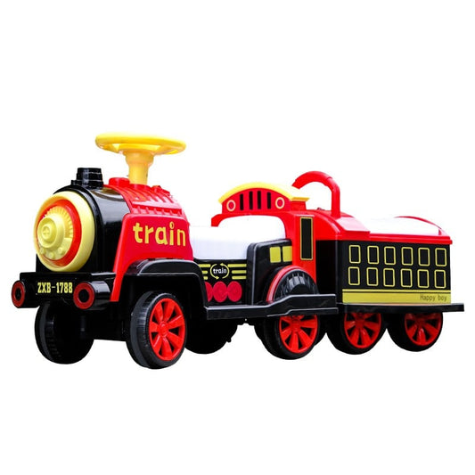 Masinuta Electrica Klevo, Tip Trenulet cu Vagon Detasabil, Pentru 2 Persoane,cu Telecomanda, Lumini si Sunete, Locomotiva cu Vapori de Abur, 1-6 Ani, 46 x 33 x 72 cm, Rosu
