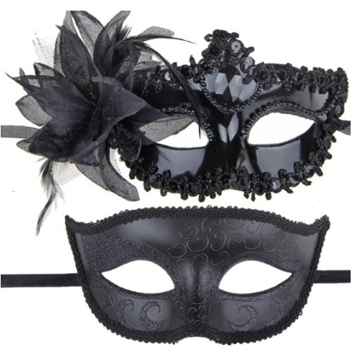 Set 2 Masti de Cuplu, Klevo, pentru Carnaval, Bal Mascat, Marime Universala, Model Floare Laterala si Margele, Model Clasic, Negru Gri
