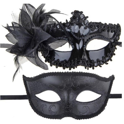 Set 2 Masti de Cuplu, Klevo, pentru Carnaval, Bal Mascat, Marime Universala, Model Floare Laterala si Margele, Model Clasic, Negru Gri