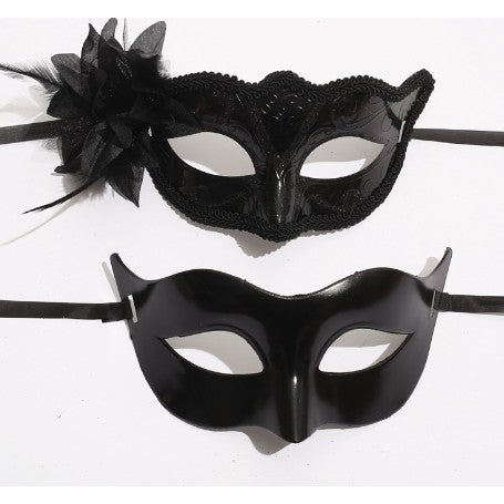 Set 2 Masti de Cuplu, Klevo, pentru Carnaval, Bal Mascat, Marime Universala, Model Floare Laterala si Margele, Model Clasic Fluture, Negru