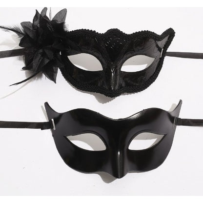 Set 2 Masti de Cuplu, Klevo, pentru Carnaval, Bal Mascat, Marime Universala, Model Floare Laterala si Margele, Model Clasic Fluture, Negru