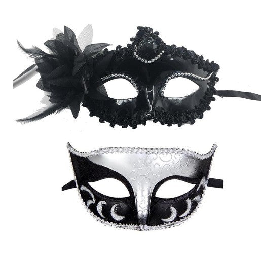 Set 2 Masti de Cuplu, Klevo, pentru Carnaval, Bal Mascat, Marime Universala, Model Floare Laterala si Margele, Model Clasic Fluture, Negru Argintiu