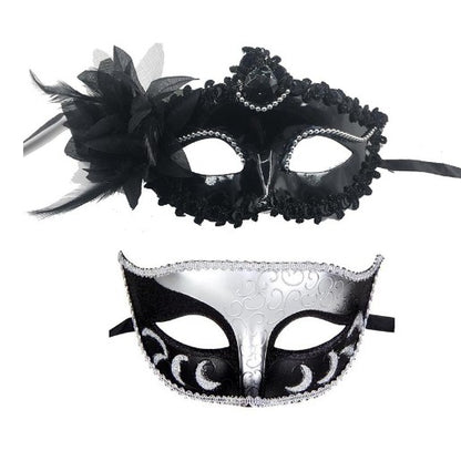 Set 2 Masti de Cuplu, Klevo, pentru Carnaval, Bal Mascat, Marime Universala, Model Floare Laterala si Margele, Model Clasic Fluture, Negru Argintiu