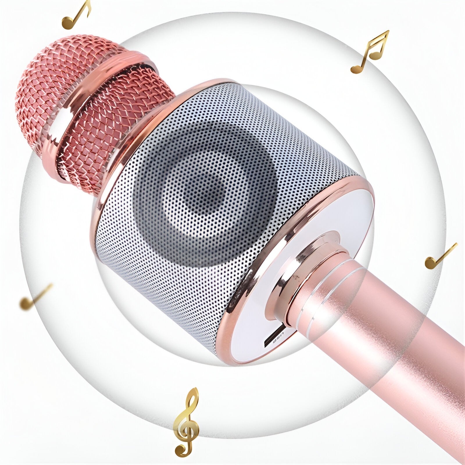 Microfon Karaoke, Klevo, pentru Copii, Bluetooth, Boxa Incorporata, Compatibil cu Orice Smartphone, Acumulator Integrat, Multifunctional, Rose Gold