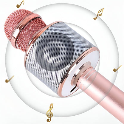 Microfon Karaoke, Klevo, pentru Copii, Bluetooth, Boxa Incorporata, Compatibil cu Orice Smartphone, Acumulator Integrat, Multifunctional, Rose Gold
