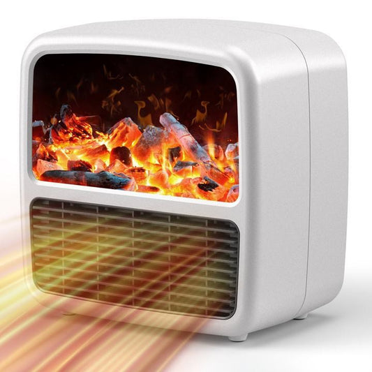 Mini Aeroterma Portabila, Klevo, Display LCD, Flacara Tip Semineu, 1500W, 2 Trepte, Oprire Automata, 22 x 22 x 15 cm, Alb