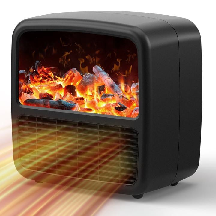 Mini Aeroterma Portabila, Klevo, Display LCD, Flacara Tip Semineu, 1500W, 2 Trepte, Oprire Automata, 22 x 22 x 15 cm, Negru