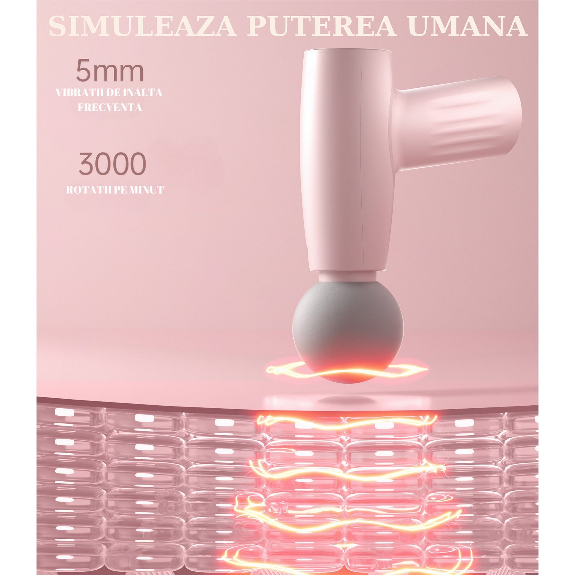 Mini Aparat de Masaj, Klevo, Tip Pistol, Incarcare USB Tip C, Portabil, Pentru Relaxare Musculara, Autonomie 120 Min, 3 Trepte de Viteza, Roz