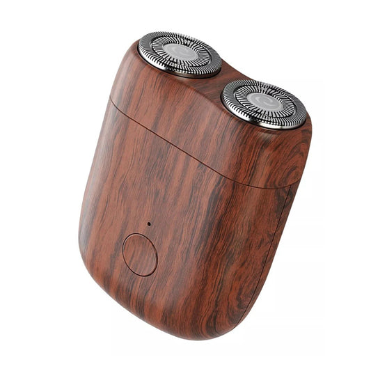 Mini Aparat de Ras Electric, Klevo, din ABS cu Fibra de Carbon, Portabil, Cap Rotativ Detasabil cu 2 Lame de Otel, Rezistent la Apa, Incarcare Type-C, Autonomie 45 min, Maro