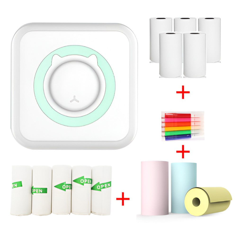 Mini Imprimanta Foto Portabila, Klevo, 5 Role de Hartie Termica, 5 Role Autocolante, 3 Role Colorate, Pixuri, Incarcare USB, Model Pisica, Alb Verde
