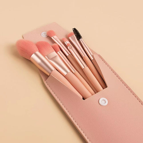 Mini set portabil 8 pensule de machiaj cu husa roz, Klevo