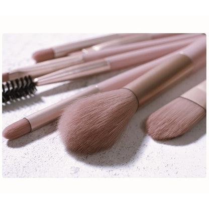 Mini Set Portabil 8 Pensule pentru Machiaj Klevo, Super Soft, Makeup Profesional/Incepatori, Maner Ergonomic, Gentuta Depozitare Inclusa, Maro