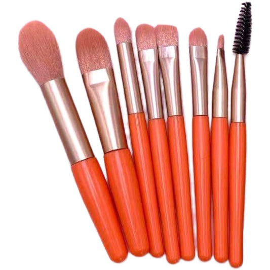 Mini Set Portabil 8 Pensule pentru Machiaj Klevo, Super Soft, Makeup Profesional/Incepatori, Maner Ergonomic, Gentuta Depozitare Inclusa, Portocaliu