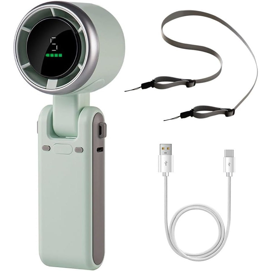 Mini Ventilator Portabil, Klevo, 5 Trepte de Viteza, Afisaj Digital, Incarcare USB, 5V, 2A, 5.95 x 5.2 x 17.2 cm, Verde
