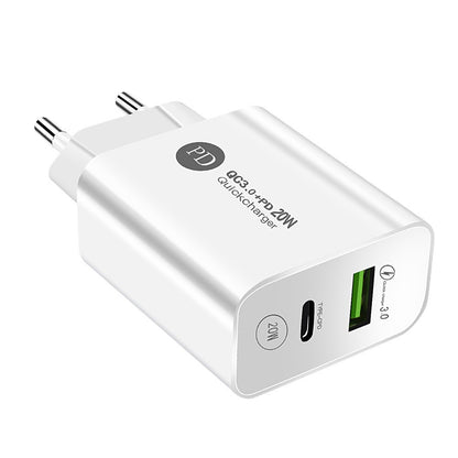 Incarcator Rapid PD QC3.0, Klevo, 2 Porturi, USB + Type C, 20W, Incarcare Rapida, Protectie Supraincalzire, 9.5 x 5.3 x 5.8 cm, Alb
