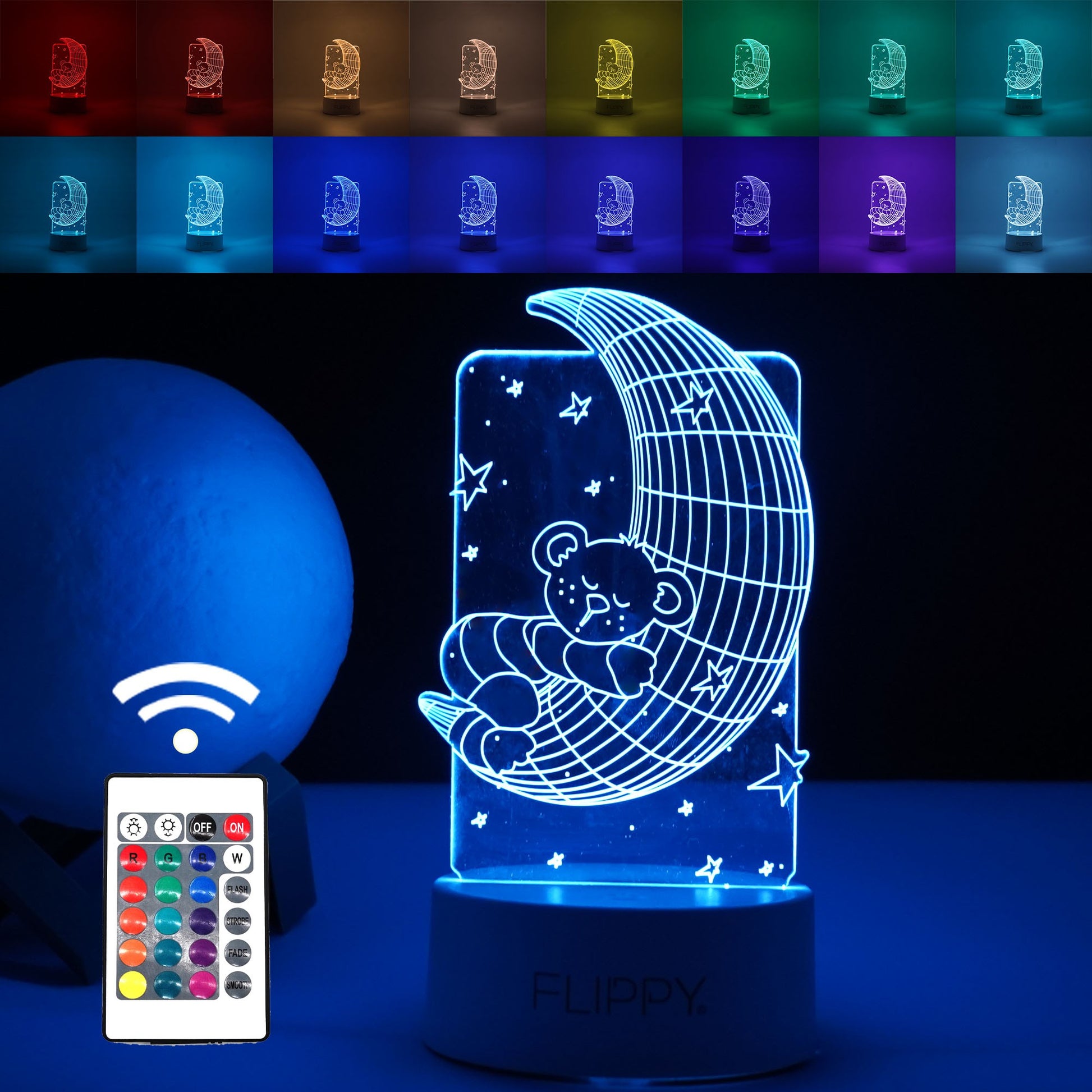 Lampa LED decorativa, Klevo, 3D, Ursulet si Semiluna, cu telecomanda, doua moduri de alimentare USB si baterii, 20 cm inaltime, din material acril si lumina multicolora, alb