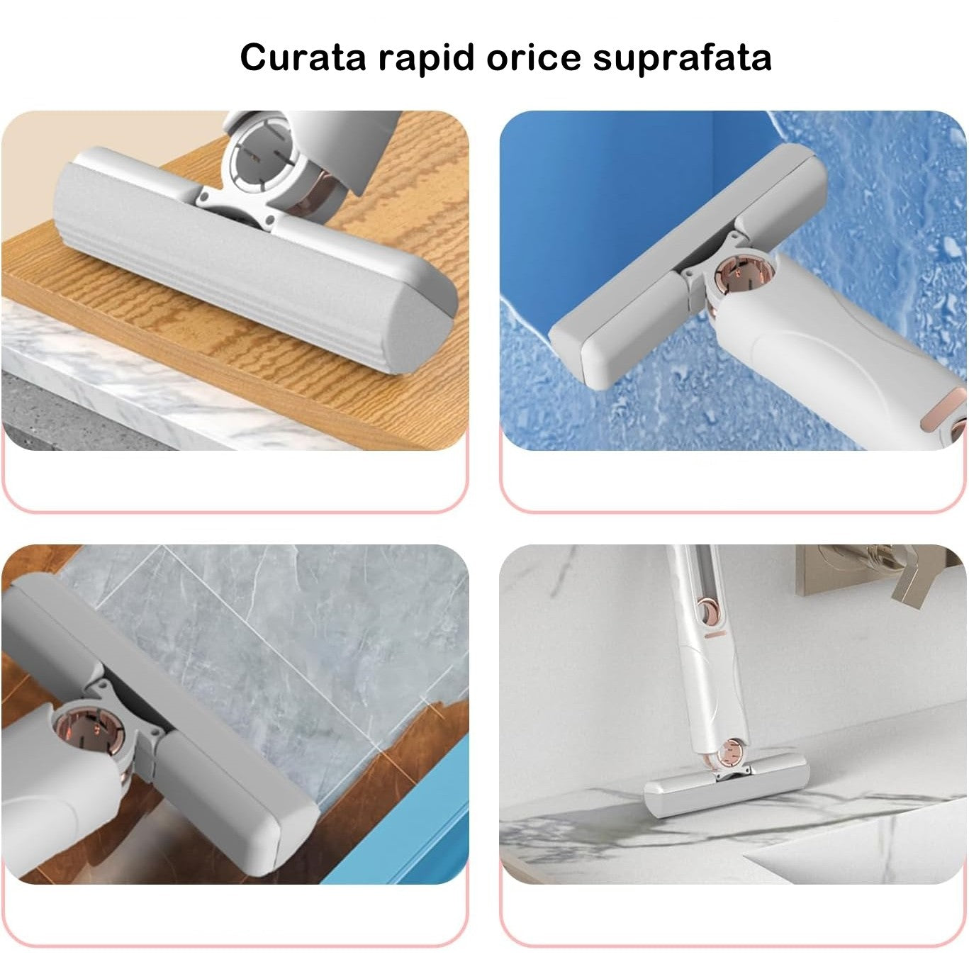 Mop de mana Klevo, mini-portabil, cu sistem de stoarcere, dispozitiv de curatat manual, cu burete absorbant, material PVA, multisuprafete si geamuri, 29.5 x 15.5 cm, alb
