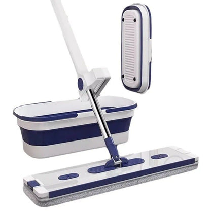 Mop Plat, Klevo, cu Galeata Pliabila, 2 Rezerve din Microfibra, 127 cm Tija Telescopica, Utilizare Umeda/Uscata, Recipient Lichid, Albastru