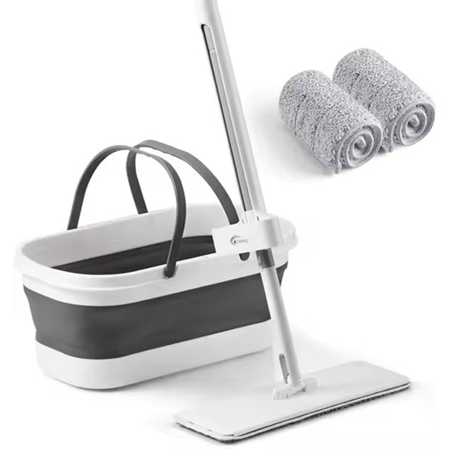 Mop Plat, Klevo, cu Galeata Pliabila, 2 Rezerve din Microfibra, 127 cm Tija Telescopica, Utilizare Umeda/Uscata, Recipient Lichid, Gri