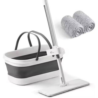 Mop Plat, Klevo, cu Galeata Pliabila, 2 Rezerve din Microfibra, 127 cm Tija Telescopica, Utilizare Umeda/Uscata, Recipient Lichid, Gri