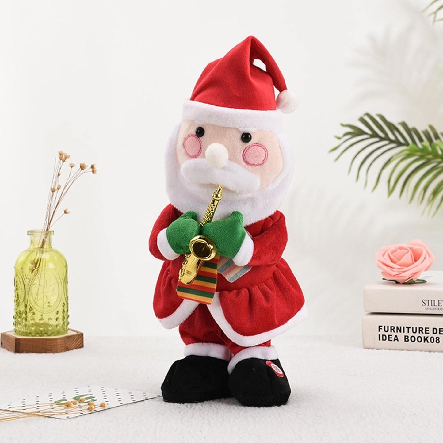 Decoratiune Mos Craciun, Klevo, Animat, care Canta si Danseaza, cu Saxofon, Imbracat Festiv, 25 cm Inaltime, Rosu