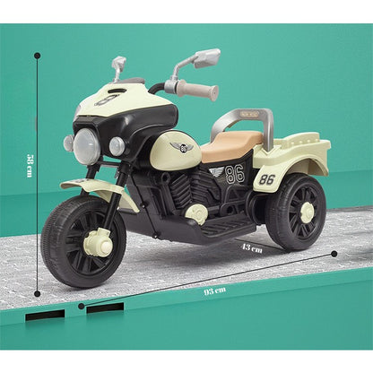 Motocicleta Electrica Klevo, cu Acumulator, cu Sistem Anti-Rasturnare, Sistem de Lumini si Muzica, Cutie de Depozitare, 1-8 Ani, 93 x 43 x 58 cm, Alb - Bej