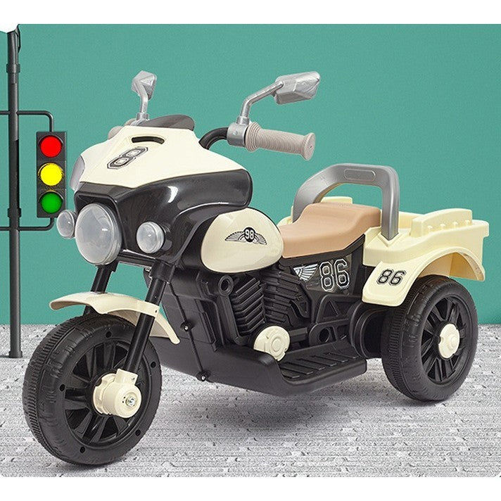 Motocicleta Electrica Klevo, cu Acumulator, cu Sistem Anti-Rasturnare, Sistem de Lumini si Muzica, Cutie de Depozitare, 1-8 Ani, 93 x 43 x 58 cm, Alb - Bej