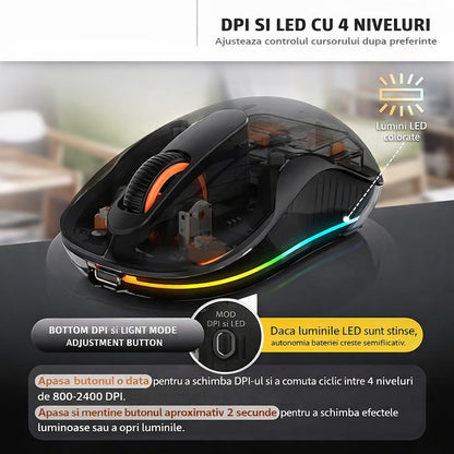Mouse Wireless, Klevo, Dual Bluetooth, 2.4 GHz, Multi Device, USB-C, 4 Niveluri DPI 800-2400, Reincarcabil, Iluminare LED, Compatibil MacBook/iPad/Laptop, 10 x 6 cm, Negru