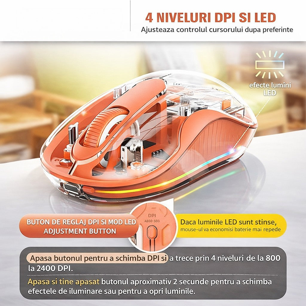 Mouse Wireless, Klevo, Dual Bluetooth, 2.4 GHz, Multi Device, USB-C, 4 Niveluri DPI 800-2400, Reincarcabil, Iluminare LED, Compatibil MacBook/iPad/Laptop, 10 x 6 cm, Portocaliu