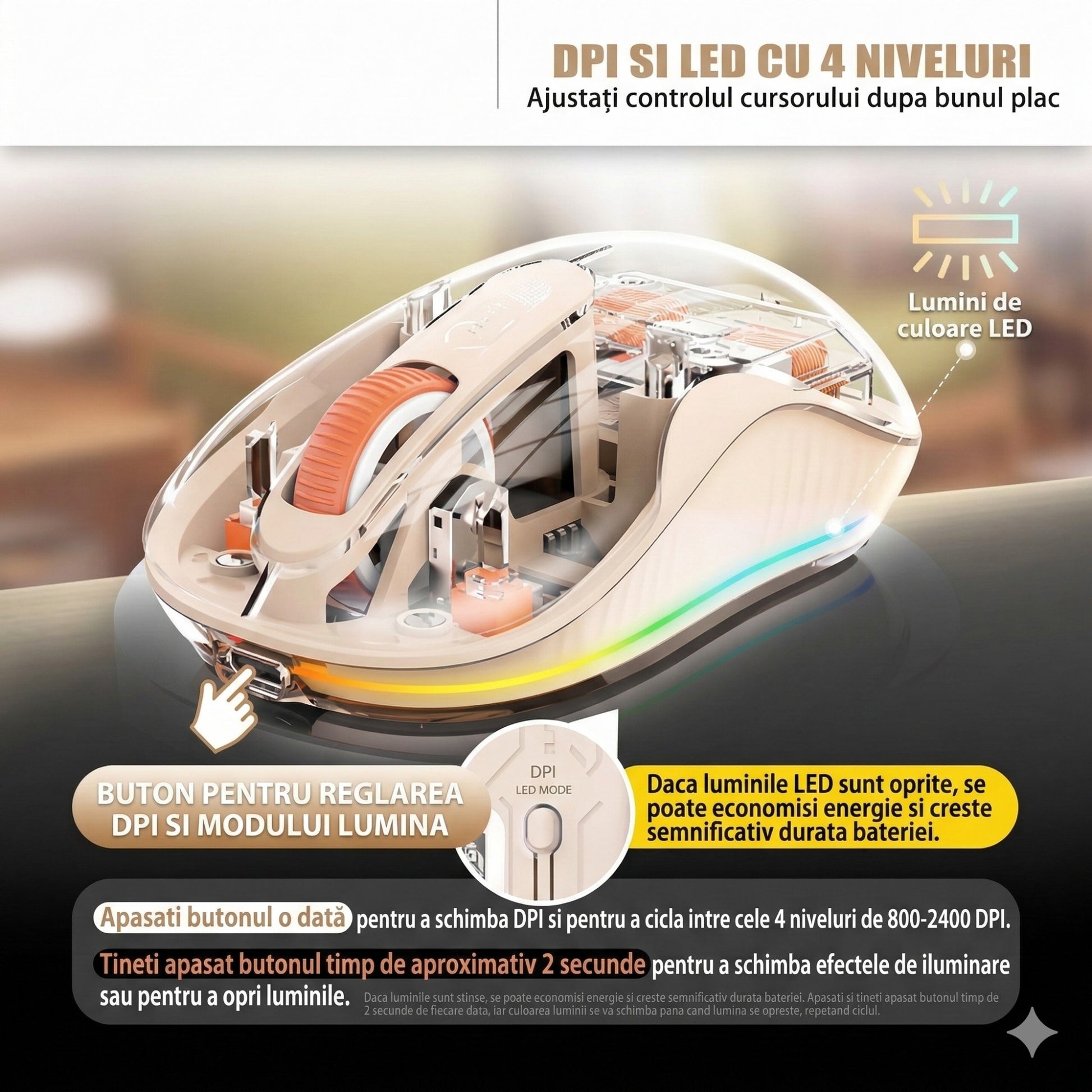 Mouse Wireless, Klevo, Dual Bluetooth, 2.4 GHz, Multi Device, USB-C, 4 Niveluri DPI 800-2400, Reincarcabil, Iluminare LED, Compatibil MacBook/iPad/Laptop, 10 x 6 cm, Crem
