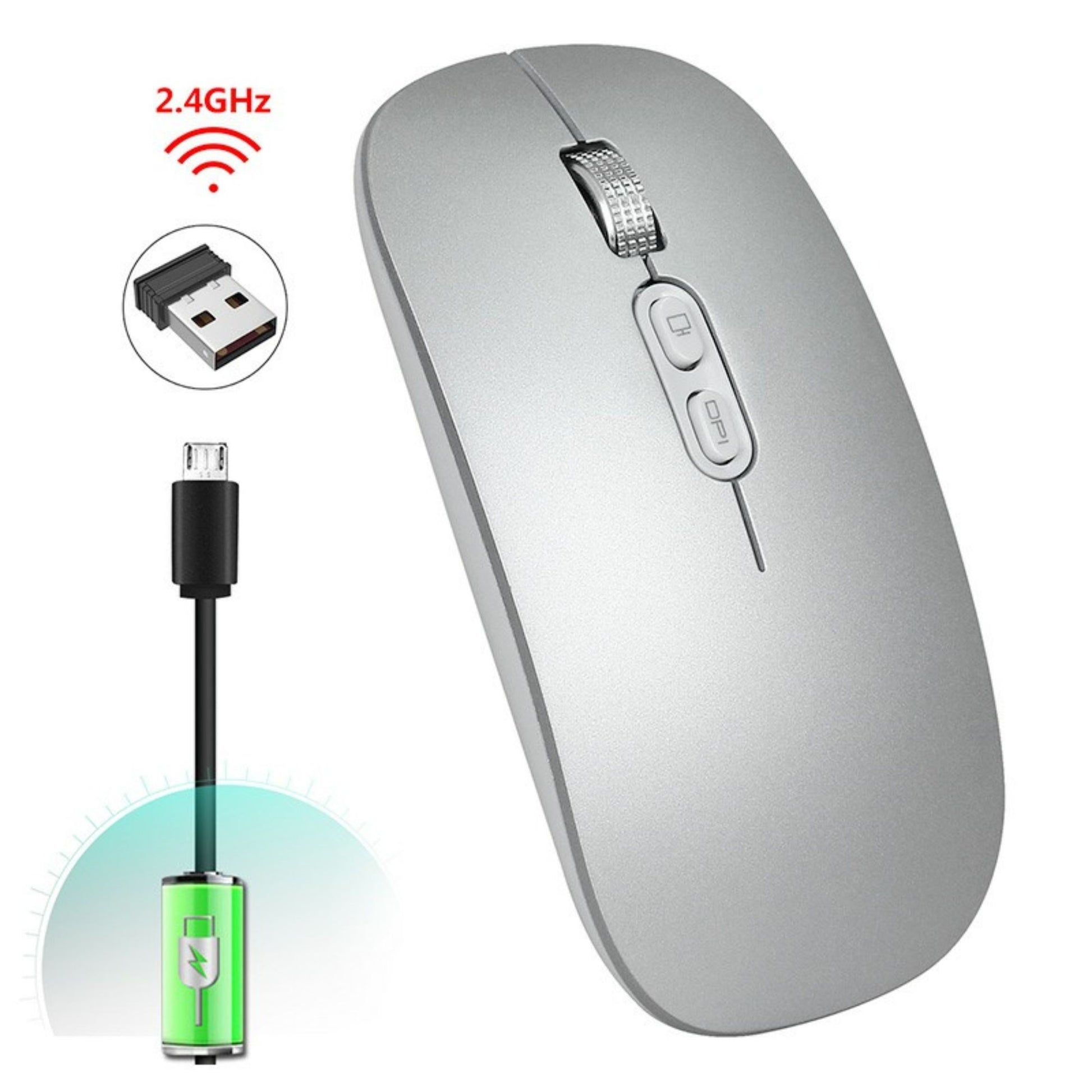 Mouse Wireless Reincarcabil, Klevo, Compatibil Windows/macOS, Bluetooth 5.1 + 2.4GHz, Silentios, DPI 800/1200/1600, Argint