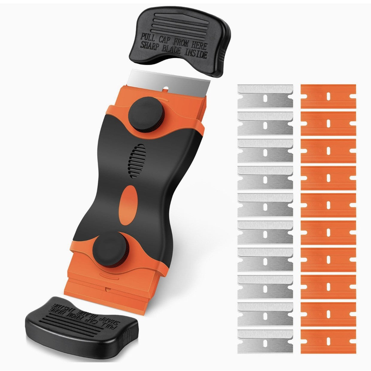 Racleta Multifunctionala pentru Curatare Sticla si Ceramica,  Klevo, Design Ergonomic, Maner Anti-alunecare, Include 20 de Lame de Schimb, 12,5 x 4,5 cm, Portocaliu