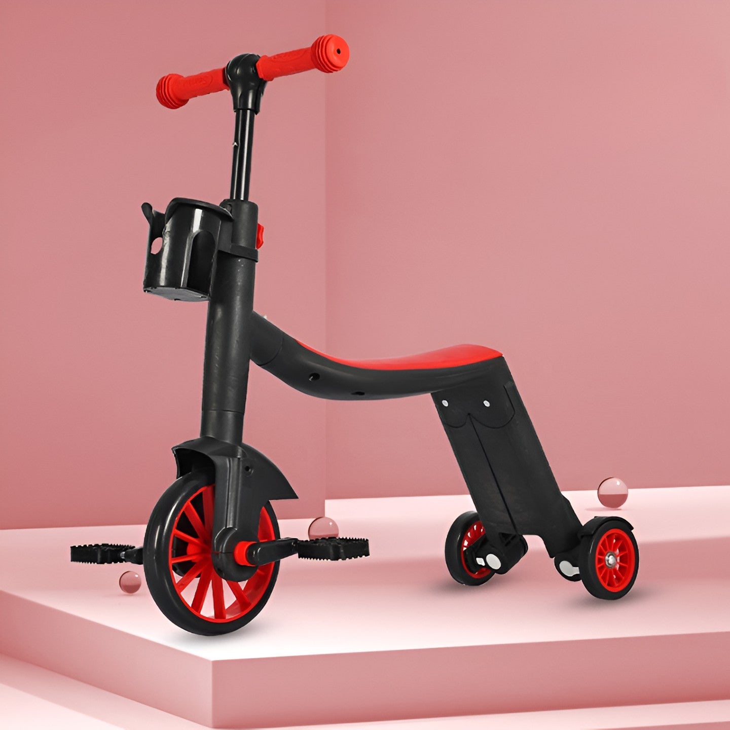 Bicicleta 8 in 1, Klevo, Transformabila, Multifunctionala, Reglare Inaltime, cu Maner de Impingere Detasabil, Tricicleta, Trotineta, 3 Roti, Pedale, Cosulet, 3-6 Ani, Rosu
