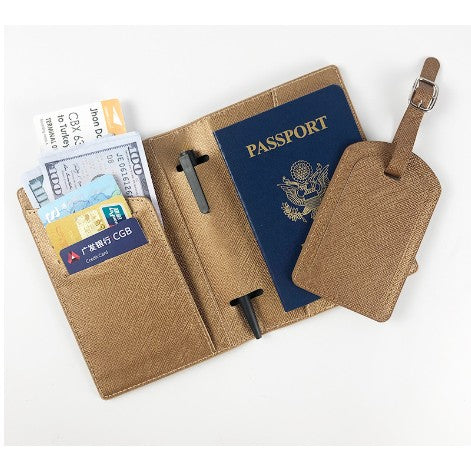 Portofel pentru Pasaport si Carduri, Klevo, 23x16 cm, 70g, din Piele PU, Suport Pix, Accesoriu Suport Eticheta, Unisex, Multifunctional, Maro