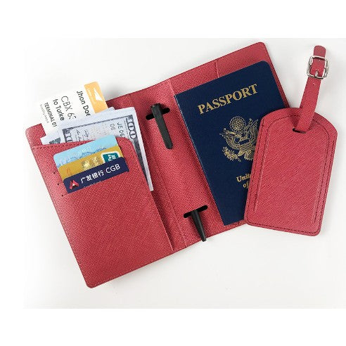 Portofel pentru Pasaport si Carduri, Klevo, 23x16 cm, 70g, din Piele PU, Suport Pix, Accesoriu Suport Eticheta, Unisex, Multifunctional, Rosu