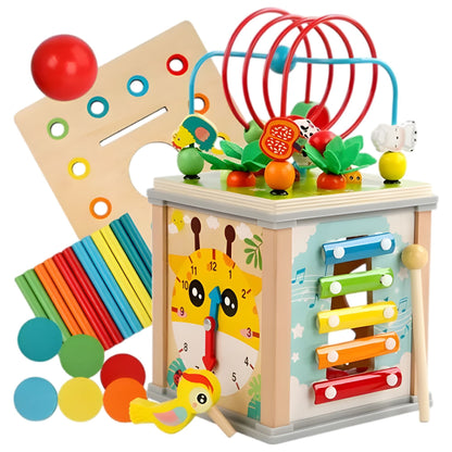 Cub Educativ Montessori din Lemn, Klevo, Multifunctional, Sortare Forme si Culori, Activitati Educative, Multicolor, Jucarie Interactiva