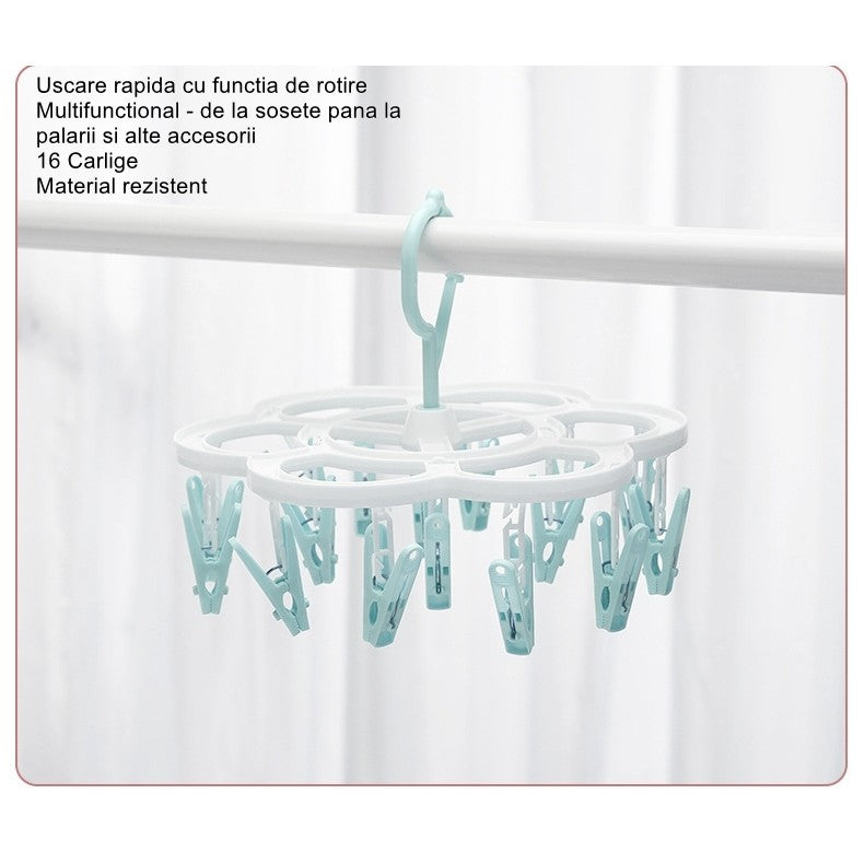 Uscator de Rufe Suspendat Klevo, cu 16 Carlige, Rotire 360 Grade, Mateiral Plastic, Usor de Depozitat, Multifunctional, 26 x 21 cm, Albastru