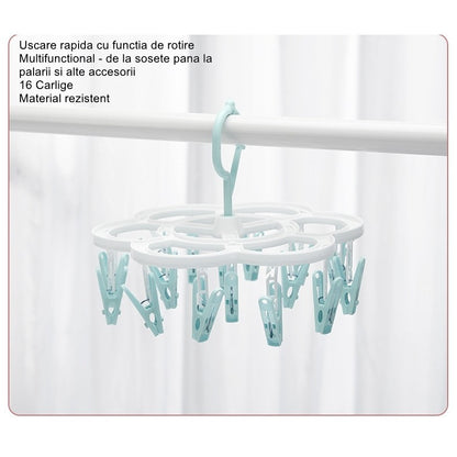 Uscator de Rufe Suspendat Klevo, cu 16 Carlige, Rotire 360 Grade, Mateiral Plastic, Usor de Depozitat, Multifunctional, 26 x 21 cm, Albastru