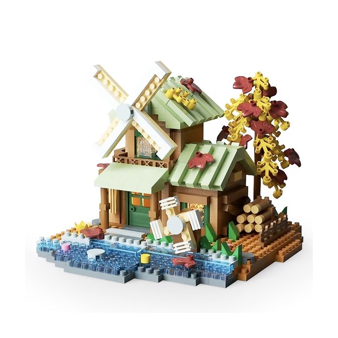 Set constructie, Klevo, Forest Log Cabin, din ABS, Model Casuta cu Moara de Vant, 717 piese, 10.4x11.7x9 cm, Multicolor