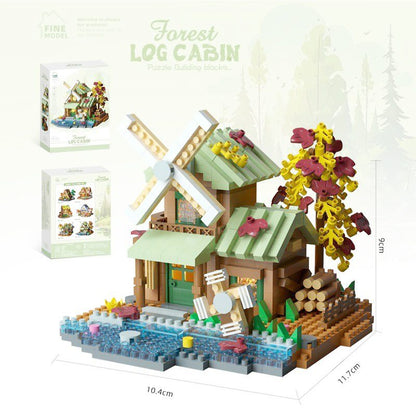 Set constructie, Klevo, Forest Log Cabin, din ABS, Model Casuta cu Moara de Vant, 717 piese, 10.4x11.7x9 cm, Multicolor