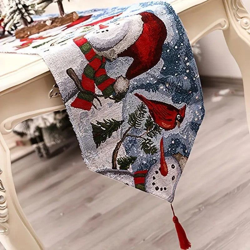 Napron Decorativ pentru Masa, Klevo, Model Oameni de Zapada, Tematica Craciun, 35 x 180 cm, Rosu/Verde