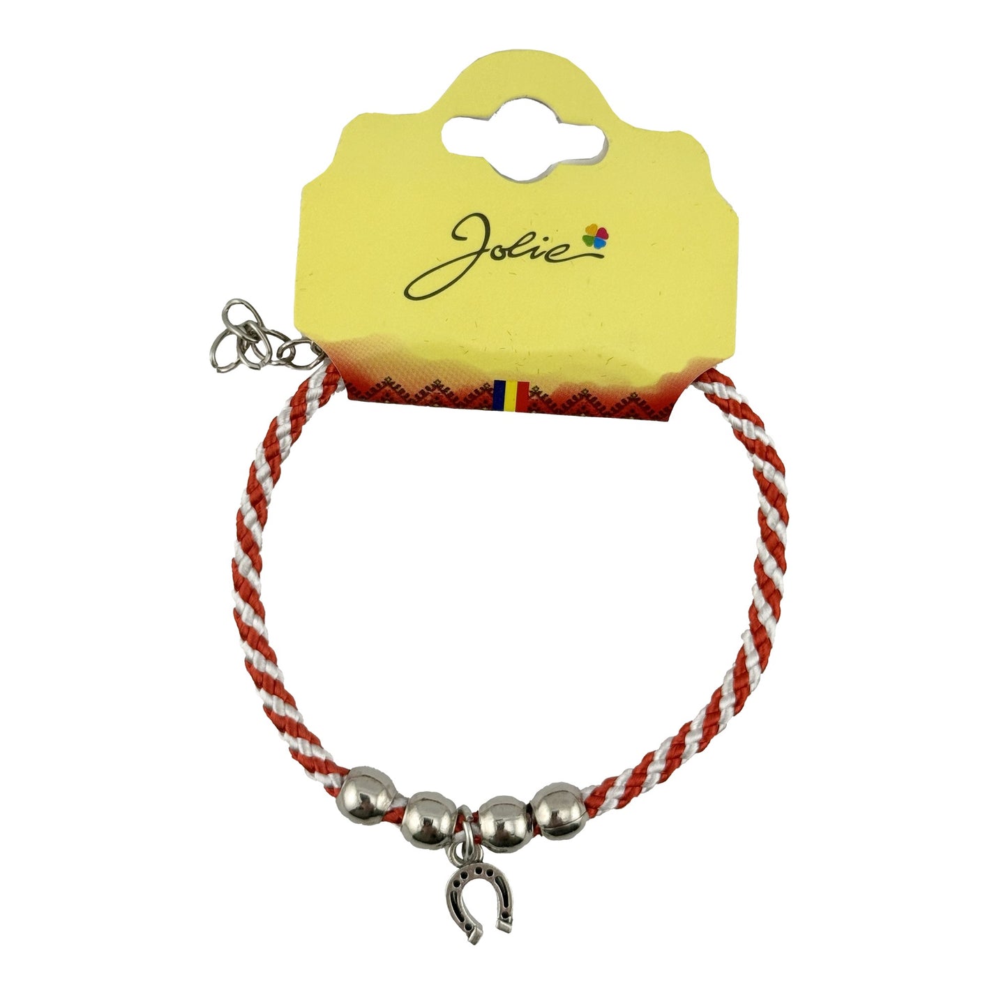 Martisor de Tip Bratara cu 4 Bile si Pandativ Metalic, Jolie, Model Potcoava, Design Clasic, Snur Rasucit Alb/Rosu, Cu Sistem de Inchidere Reglabil