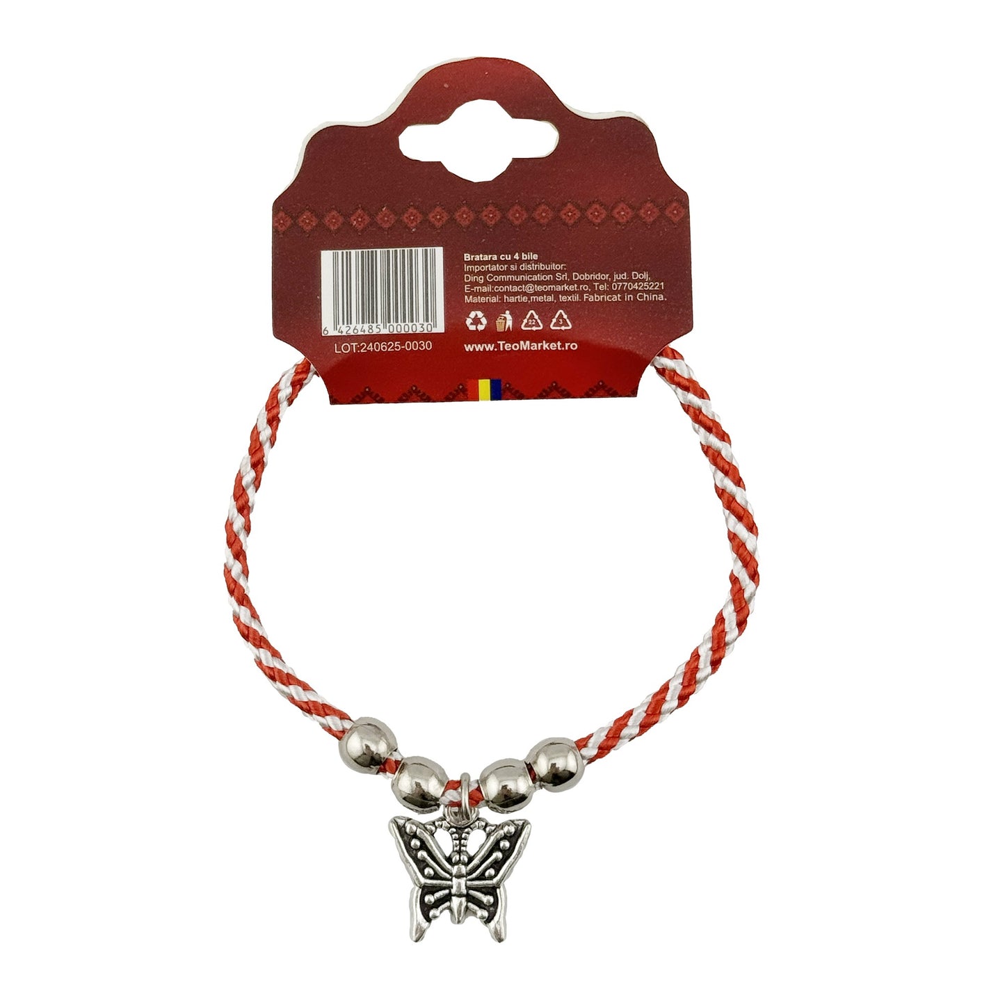 Martisor de Tip Bratara cu 4 Bile si Pandativ Metalic, Jolie, Model Fluture, Design Clasic, Snur Rasucit Alb/Rosu, Cu Sistem de Inchidere Reglabil